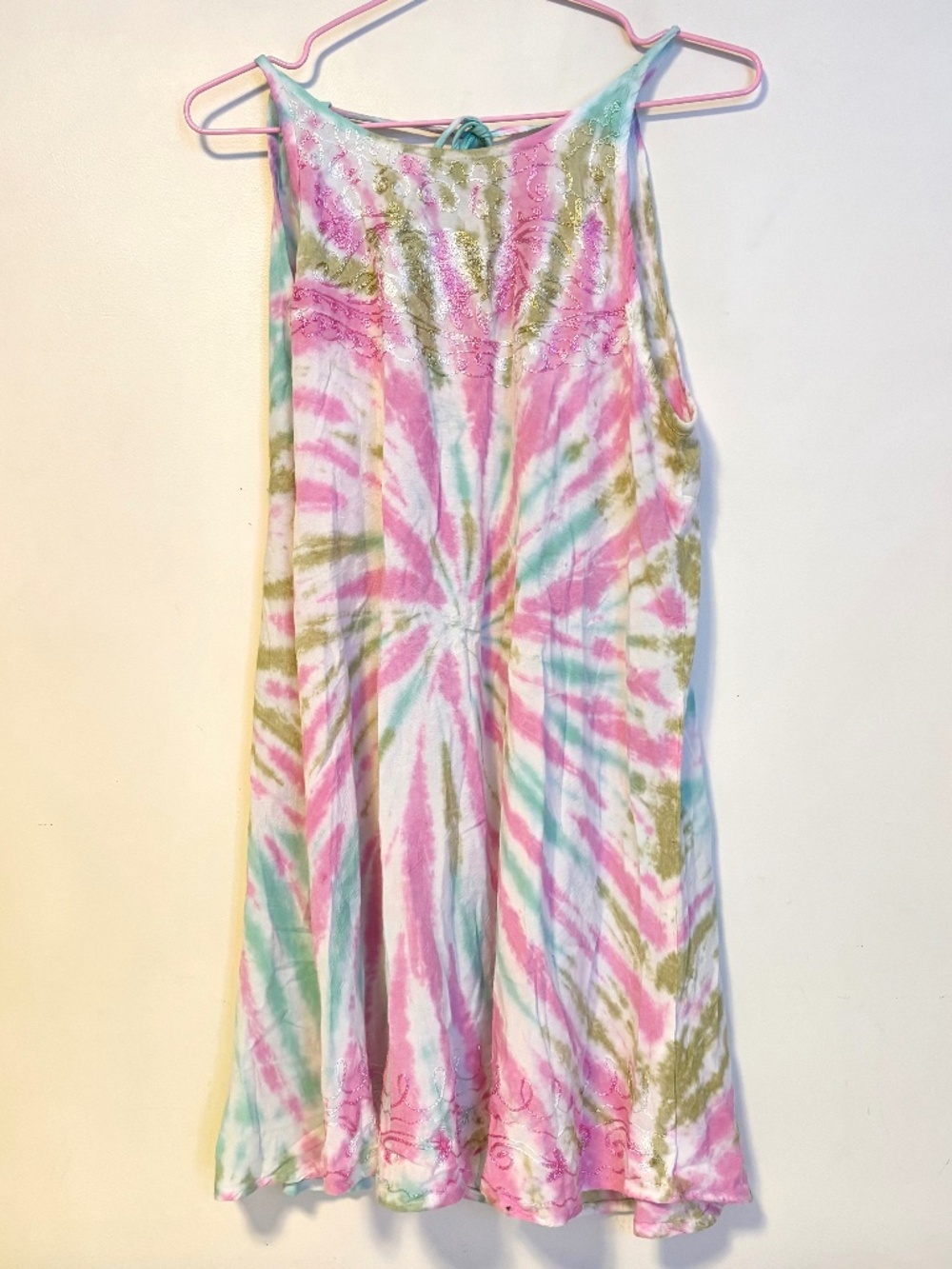 India Boutique Boho High Neck Open Back Embroidered Mini Dress Tie Dye One Size